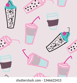 Pattern of many glass of juse, coffe, tee and other drinks. Bright doodle background