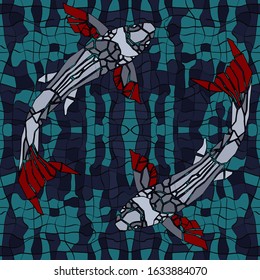 Pattern many goldfish in different positions, mosaic