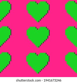 pattern, many green pixel hearts on a bright pink background, volumetric patterns, for playing or wrapping paper