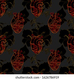 Pattern many hearts, arterial vein, venous vein and flowers