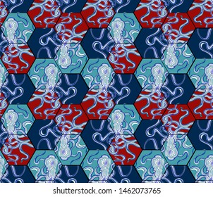 Pattern many octopus in stripes and hexagons