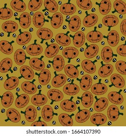 Pattern of many pumpkin with black skull dark yellow background. The concept of Halloween.