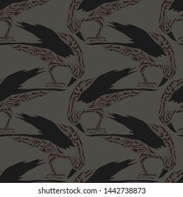 Pattern many raven in different positions, made in watercolor techniques