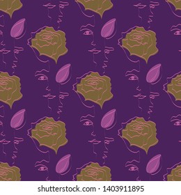 Pattern many roses with leaves and their stems that form the face