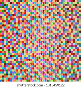 A pattern of many small multi-colored squares of bright colors with ragged edges. Background made of colorful strokes. Vector illustration