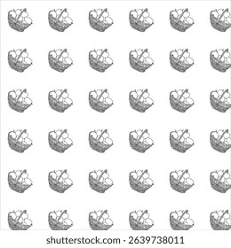 pattern of many wicker baskets with apples and pears and other fruits on a white isolated background