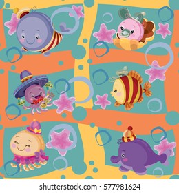 pattern of marine animals caricature. vector