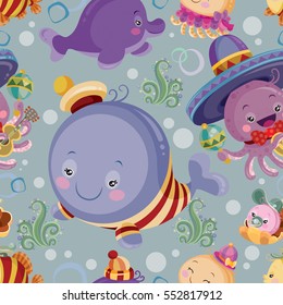 pattern with marine animals in cartoon style