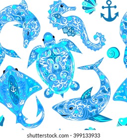 Pattern with marine animals, a deep-water turtle, a dolphin with drawing, a sea horse,  a vector shark, fauna, 