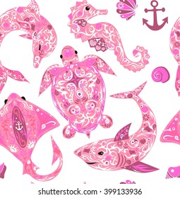 Pattern with marine animals, a deep-water turtle, a dolphin with drawing, a sea horse,  a vector shark, sea fauna, 
