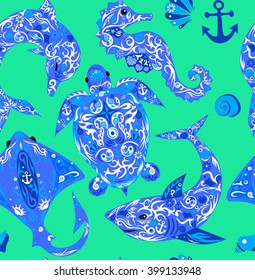 Pattern with marine animals, a deep-water turtle, a dolphin with drawing, a sea horse,  a vector shark, sea fauna, 