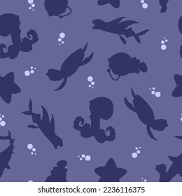 Pattern of marine animals and fish in silhouette style for print and design.Vector illustration.