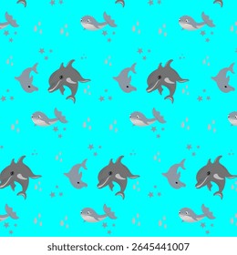 Pattern with marine animals, seamless pattern with whale