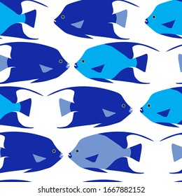 Pattern of marine blue and navy blue fish on a white background. Seamless pattern for different surfaces.