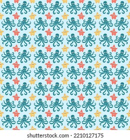 Pattern With Marine Fauna. Cute Octopuses And Funny Stars. Vector Drawing. For Baby Products, Packaging And Covers, Flyers And Brochures, Prints And Postcards.