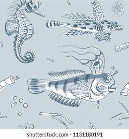 pattern with marine fish and debris in the ocean