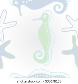 Pattern of marine inhabitants, sea Horses, starfishes. Hand drawn.