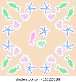 Pattern of  marine inhibitions , dashed lines, fishes, shells, tags,  starfishes, spot, hole,  object. Hand drawn.