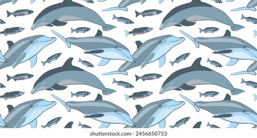 Pattern of marine life with Dolphins and fish. Textures. Blue, pink, gray, white background. For textile, wrapping, feshion, invintation