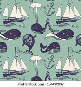 Pattern with marine motifs. Yachts, funny whales, carefree sunny voyage.