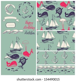 Pattern with marine motifs. Yachts, funny whales, carefree sunny voyage. Set of elements