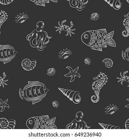Pattern  marine sea animals with black background