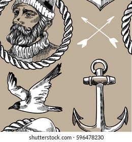 Pattern in the marine style. Hipster background. A bearded man, an anchor, arrows and seagulls. Drawing by hand in vintage style.