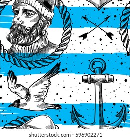 Pattern in the marine style. Hipster background. A bearded man, an anchor, arrows and seagulls. Drawing by hand in vintage style.