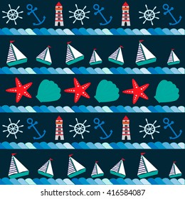 Pattern in marine style with ships, anchor, shells and other