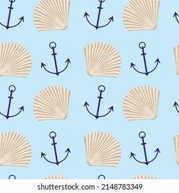 A pattern with a marine theme with anchors and shells on a blue background. Vector illustration