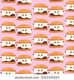 Pattern Marshmallow Cartoon Character with a chocolate backpack and Graham Crackers. S'more vector illustration.Isolated objects on a pink background. Vector illustration for any design