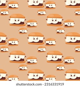 Pattern Marshmallow Cartoon Character with a chocolate backpack and Graham Crackers. S'more vector illustration.Isolated objects on a pink background. Vector illustration for any design