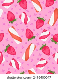 A pattern of marshmallows and strawberries on a light pink background.