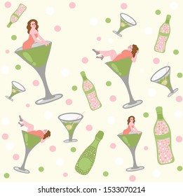 Pattern with martini cocktails and girls 