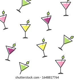 Pattern with martini glasses of different colors. Glasses pattern. Pattern with alcoholic drinks. Vector.