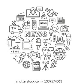 Pattern with mass media. Black and white thin line icons

