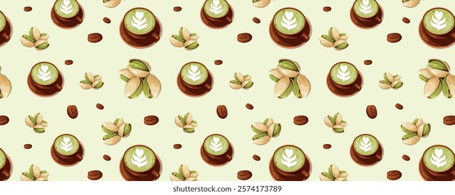 Pattern with matches, coffee beans, pistachios. Patterns for coffee lovers. T-shirts, poster, banner, card, postcard, cover design. Vector illustrations.
