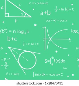 a pattern with mathematical formulas. Algebra and geometry in white chalk on a green background. vector illustration