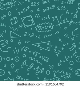 Pattern from mathematics doodles on teal background. Education vector illustration.