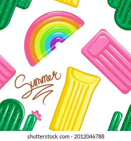 Pattern mattresses for swimming, rainbow, cactus. The inscription "summer". Vector illustration.