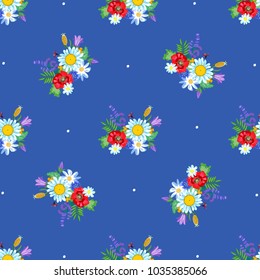 Pattern with meadow flowers on a light blue background. Poppies, cornflowers, carnations, daisies, bells, beetle-soldier. For textiles, Wallpaper, wrapping paper, covers, cards, holidays.