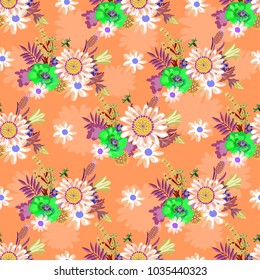 Pattern with meadow flowers on a orange background. Poppies, cornflowers, carnations, daisies, bells, beetle-soldier. For textiles, Wallpaper, wrapping paper, covers, cards, holidays.