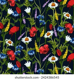 Pattern with meadow flowers.Vector seamless pattern with poppies, daisies and cornflowers on a colored background.