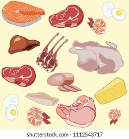 Pattern Meat Cheese Sausage Steak Store Showcase Yellow Background