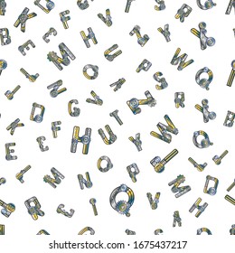 Pattern of mechanical letters with gears arranged in a chaotic order.   Upper case. Vector illustration in steampunk style.  For card design and decoration.