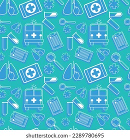 pattern with medical elements of healthkit, recipe, tubes, ambulance, magnifier and lungs with heart