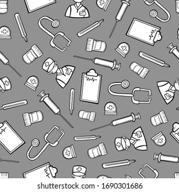 Muster medizinische Elemente Pharma-Ausrüstung Klinik Arzt Pillen Vektorillustration nahtlose Hintergrund-Textur 