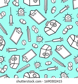 pattern medical elements pharmaceutics equipment thermometer pills hospital vector seamless background illustration texture print outline