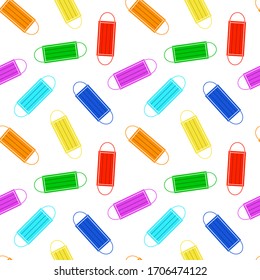 Muster der medizinischen Gesichtsmasken. Helle Masken aller Farben des Regenbogens.Vorbeugung von viralen Atemwegserkrankungen.Vektorillustration.