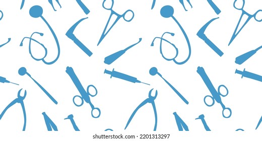 Pattern of medical instruments on a white background. Blue silhouettes of scissors, syringe, tweezers, laryngoscope, stethoscope, dental drill. Endless seamless background for medicine, Doctor's Day.